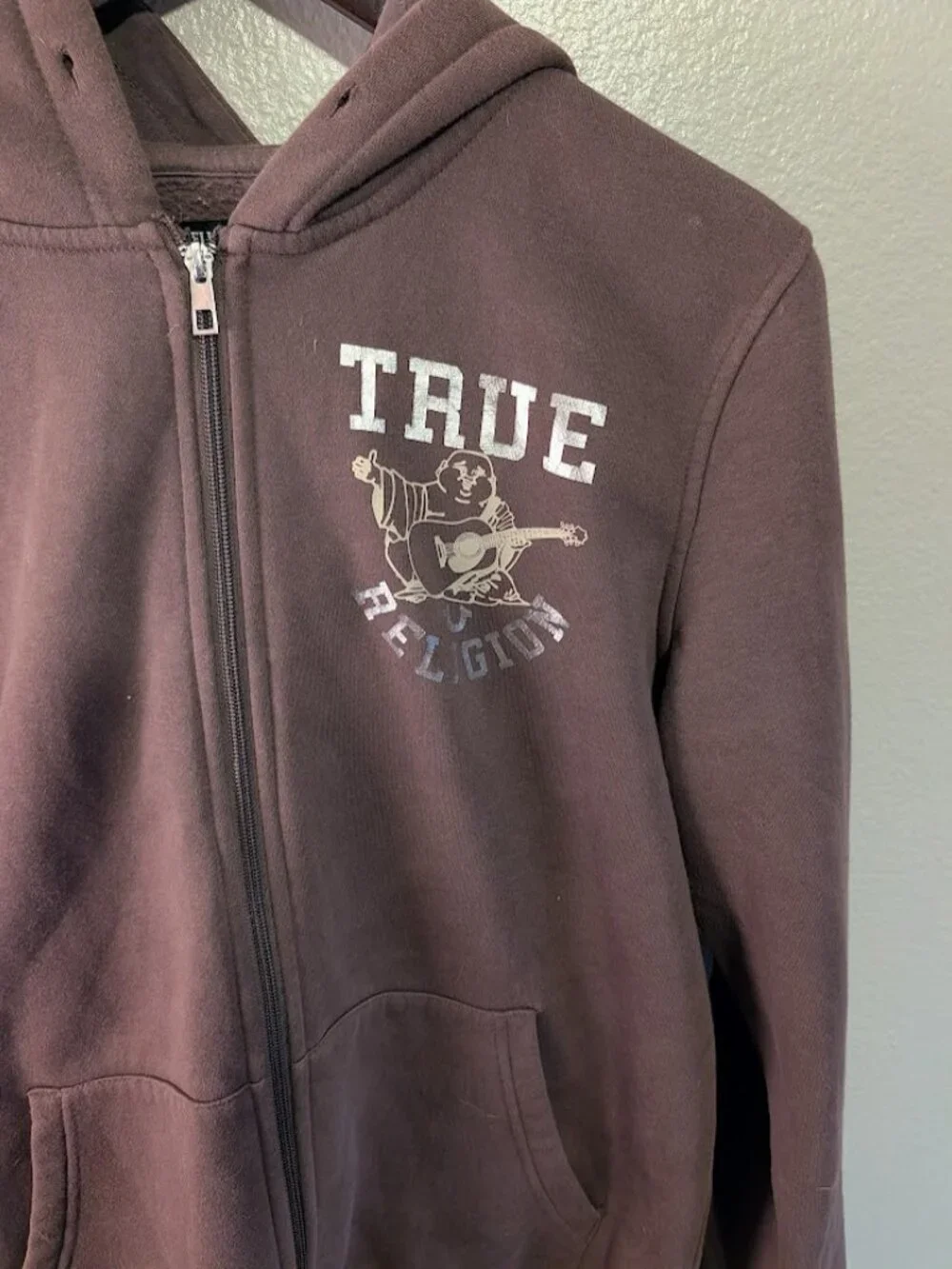 True Religion Men Brown Full Zip Hoodie Graphic Buddha Guitar Size M Oversize